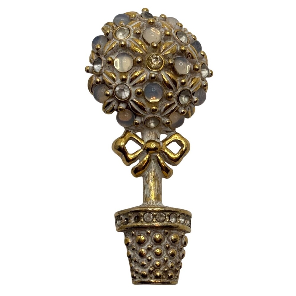 Vintage Monet Brooch Topiary Faux Moonstone Rhinestone Enamel Gold Tone Bow Pin